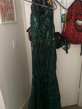 Emerald Sequin Halter Evening Gown - Women's Formal Dress